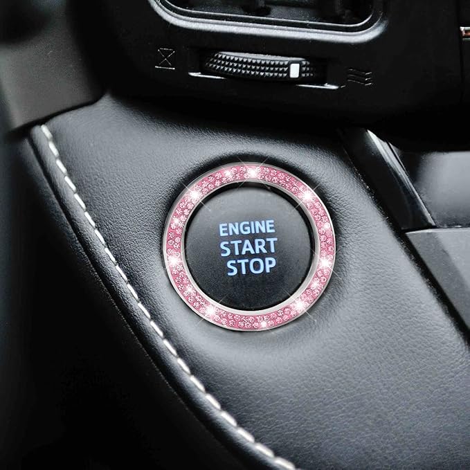 Car Bling Crystal Rhinestone Engine Start Ring Decals, 2 Pack Car Push Start Button Cover/Sticker, Key Ignition Knob Bling Ring, Sparkling Car Interior Accessories for Women (Pink)