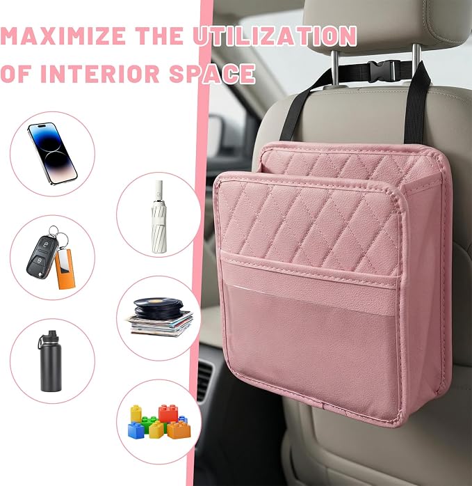Car Seat Back Organizer, Waterproof Leather Auto Backseat Storage Pocket for Travel Essentials, Universal Multipurpose Backseat Hanging Storage Bag for Cars SUVs Trucks (Pink)