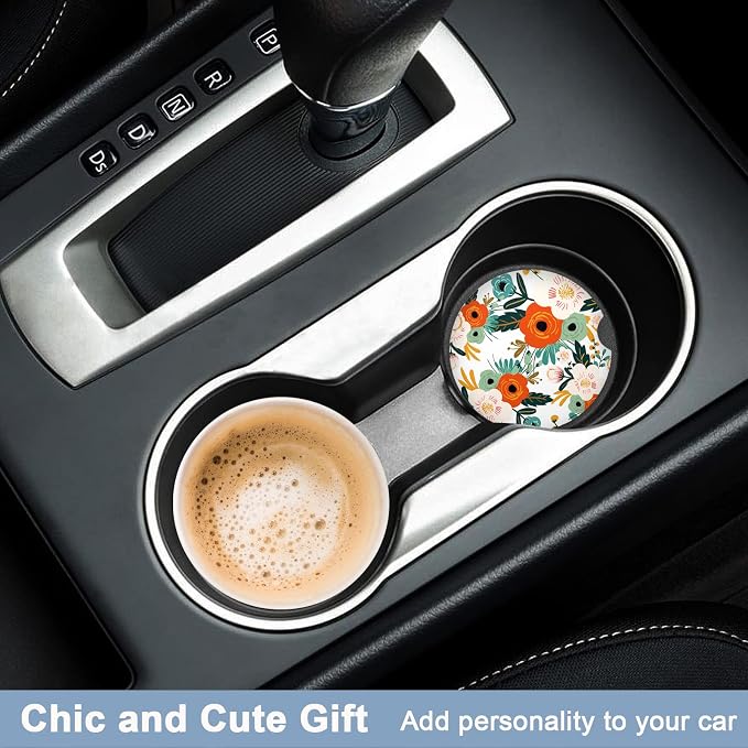 Nipichsha Car Coasters for Cup Holders, 2 Pack Absorbent Ceramic Car Cup Holder Coaster for Drinks, Cute Auto Assecories for Women Men, Size 2.56 in with Finger Notch & Cork Base, Bright Flowers