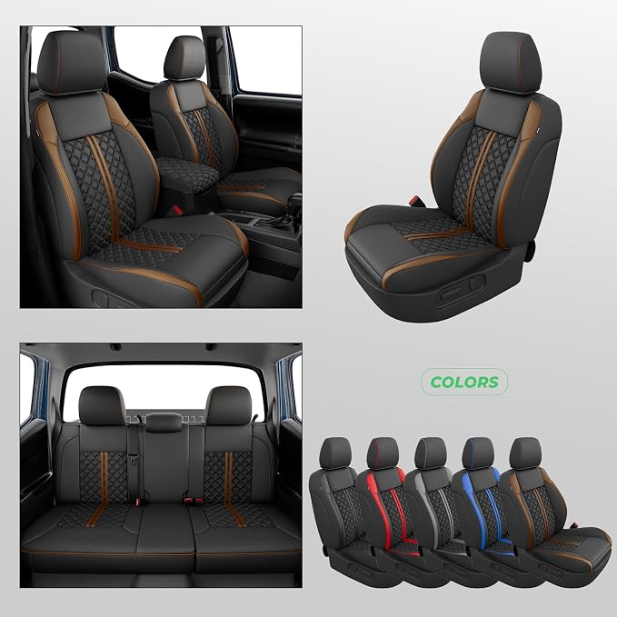 Custom Seat Covers for Tacoma 2016-2023 3rd Gen Double Cab SR5/TRD Off-Road/SR/TRD Sport/TRD PRO Full Set with Console Covers, Waterproof Leather Back and Front Seat Protectors Black Brown