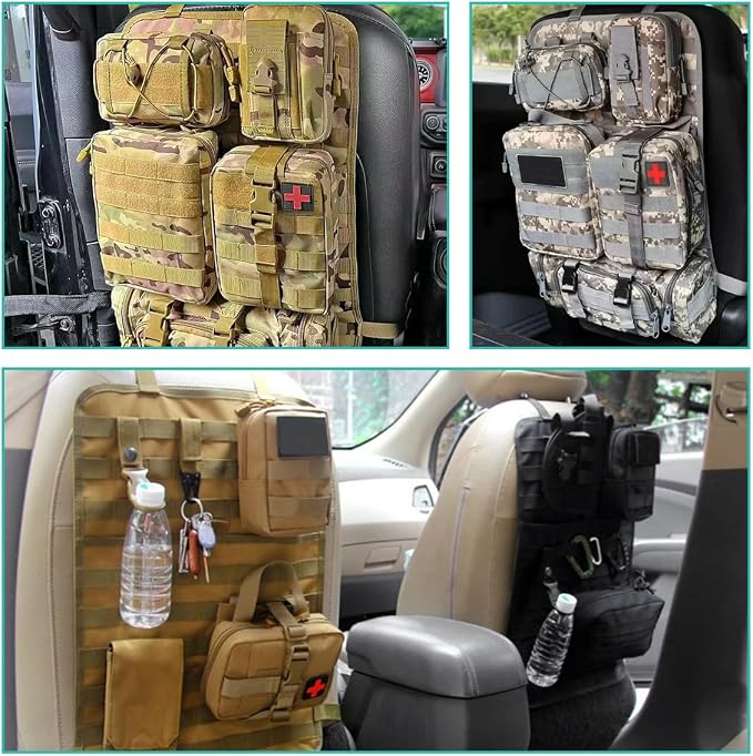 2 PCS Car Seat Back Organizer, Tactical MOLLE Sag Proof Vehicle Panel Backseat Cover Protector, Universal Molle Nylon Storage Bag Seat Back Hanger Pad for Car Truck SUV Pickup (Camouflage ACU)