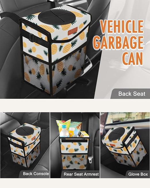 Pritent Car Trash Can with Lid, Cute Leakproof Car Trash Garbage Bag Hanging Vehicle Trash Bin Small Portable Automotive Garbage Cans Organizer for Back/Front Seat/Console(2.8 gal,Pineapple Print