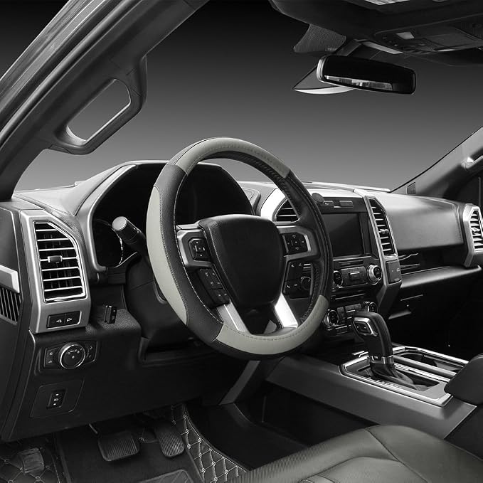 SEG Direct Car Steering Wheel Cover for F-150 Tundra Range Rover 15.5-16 inch, Black and Gray Microfiber Leather