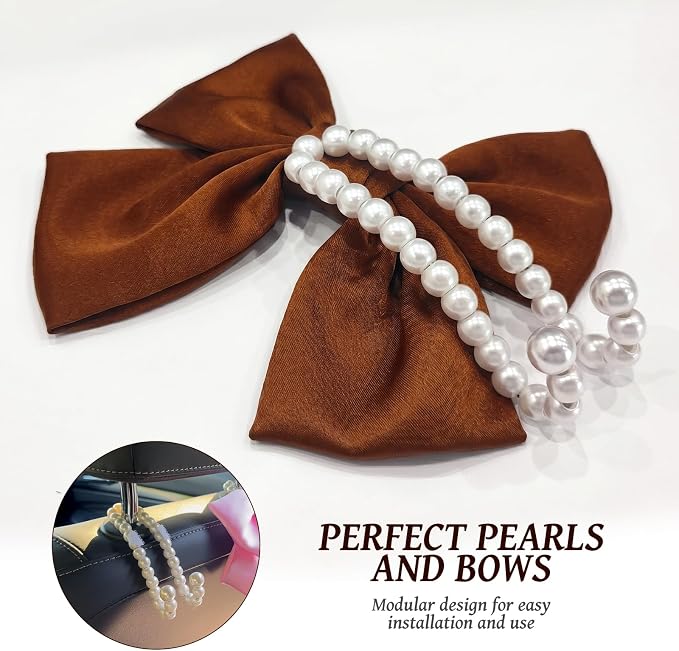 2 PCS Bow Pearl Car Seat Headrest Hook β Cute Purse Hook for Car, Girly Interior Decoration Accessories Hook Hanger, Seatback Holder for Purses & Bags, Elegant Car Organizer (Woody Brown)
