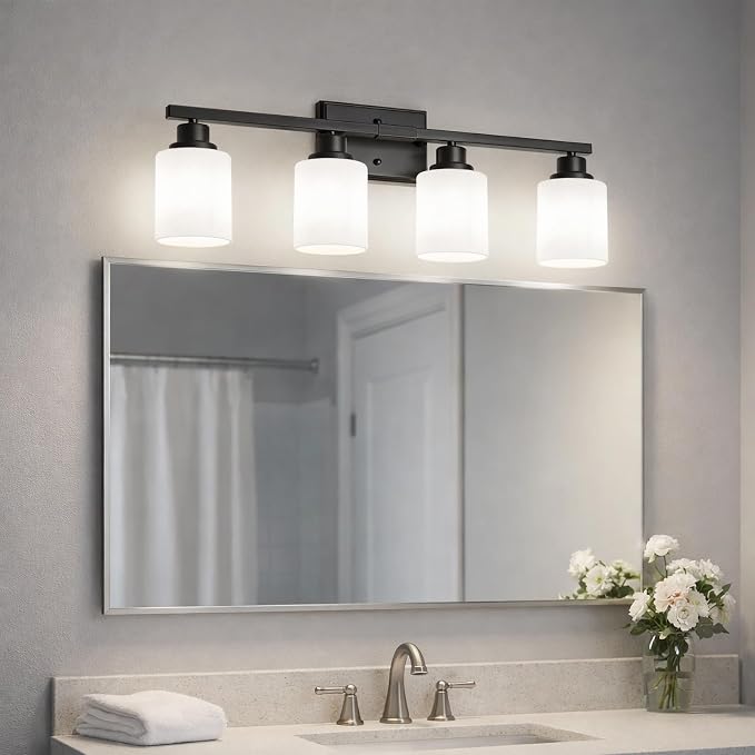 Unicozin 4-Light Bathroom Light Fixtures, Modern Black Vanity Light Over Mirror, Wall Sconces with Milky White Glass Shades for Living Room Bedroom Hallway E26 Base