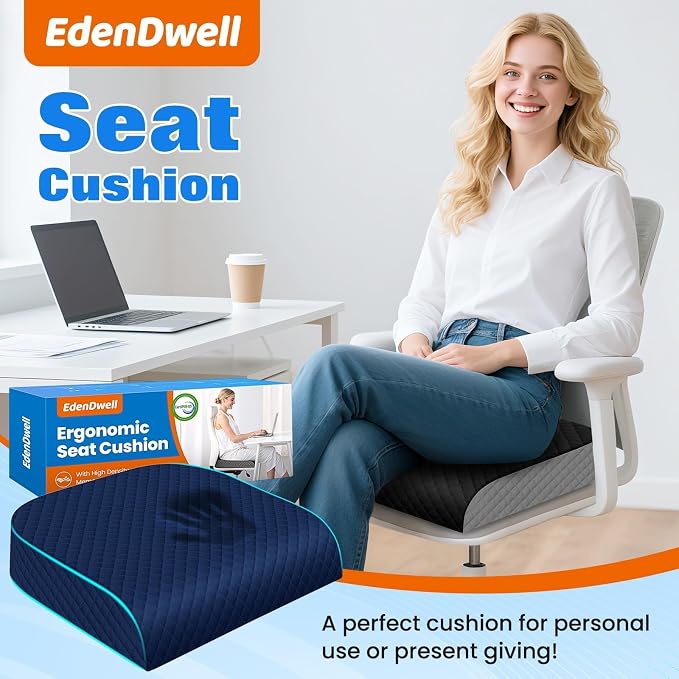 Seat Cushion for Office Chair, Memory Foam Chair Cushions, Car Seat Cushion for Long Sitting, Desk Chair Cushion for Pressure Relief, Non-Slip Bottom, Washable Cover, Large, Blue