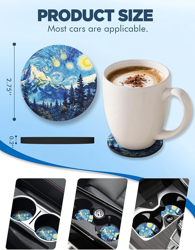 WOCOCN Car Coasters for Cup Holders - 2 Pack 2.75" Universal Rubber Car Cup Coaster, Non-Slip Waterproof Car Interior Accessories, Cute Car Decor Gifts for Women and Men (Starry Sky)