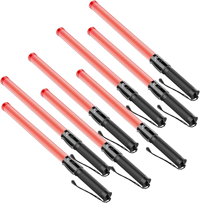 RoadHero 8 Pack 21 Inch Traffic Wand, Red | 2 Flashing Modes, Side Clip, Water-resistant IPX-4 rated, Airport Marshaling Signal, Parking Lot, Car Directing