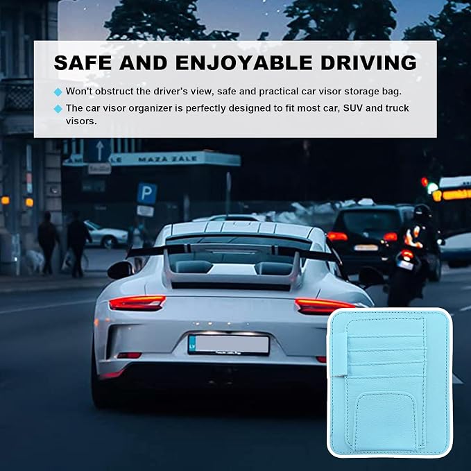 Dickno Small Leather Car Sun Visor Organizer, Multifunctional Auto Visor Document Holder with Sunglasses Clip, Universal Car Interior Organizer for Drving License, Card, Pen (Blue)