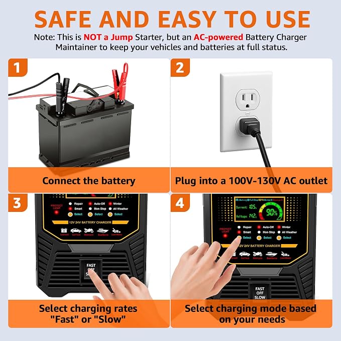 PLXX 12V 24V Car Battery Charger Heavy Duty 0-15A Automatic Smart Trickle Charger with Auto Shutoffs, Repair, Winter Mode, for Automotive Car Truck Motorcycle Lawn Mower Boat Marine AGM