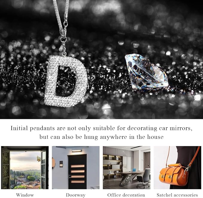 DXNQ Bling Initial Car Rear View Mirror Ornament, Crystal Sparkling Cute Letter Charm Pendant Auto Decor, Hanging Lucky Diamond Initial Charm Car Mirror Bag Ornament for Girl Women (Letter D)