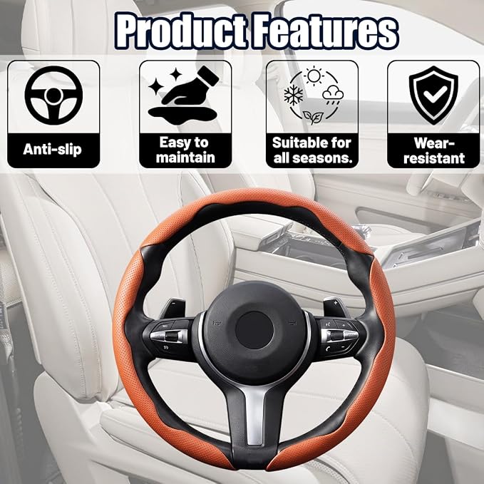 3PCS Car Steering Wheel Cover, 14.5-15" Breathable Nappa Leather Segmented Steering Wheel Protector with Non-Slip Grip, Stylish Auto Interior Decor Accessories, Universal for Vehicles (Orange)