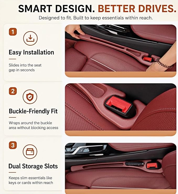 BESTKEE Car Seat Gap Filler 2 Pack, No Drop Seat Gap Plug with Dual Storage Slots, Blocks Phones Keys Coins, Flexible EVA Console Gap Filler Auto Accessories for Cars SUVs Trucks
