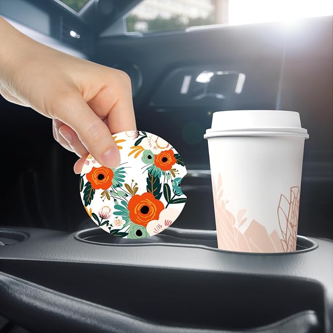 Aiawoxc Car Cup Holder Coasters, 2 Pack Universal Auto Anti Slip Insert Coaster with A Finger Notch, Cup Mat for Most Car Interior, White Flower