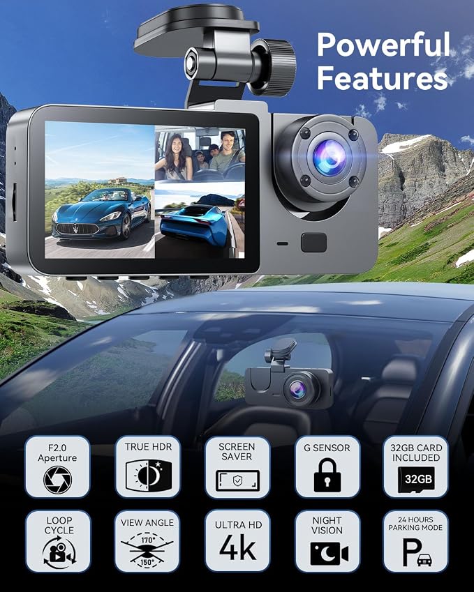 Dash Cam Front and Rear Inside, 3 Channel 4K+1080P Dash Camera for Cars, Free 32GB Card Included, App Control, 2” IPS Screen, G-Sensor, Loop Recording, Night Vision, 170°Wide Angle, Parking Monitor