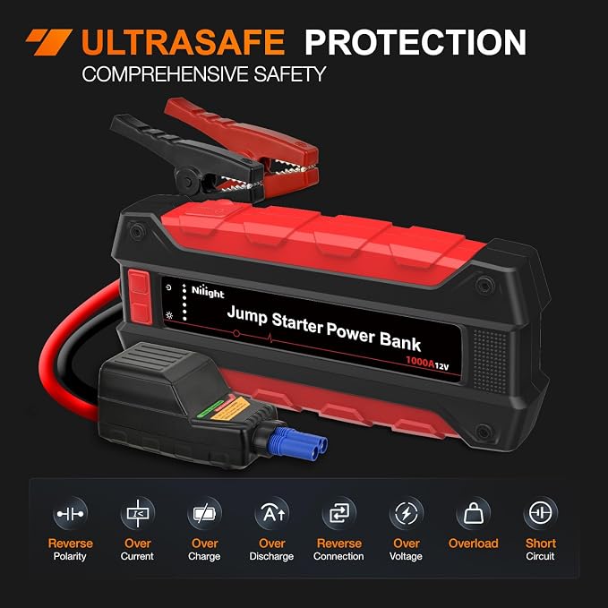 Nilight 1000A Car Battery Jump Starter for Up to 6.0L Gas & 4.0L Diesel Engines 12V Portable Jump Start Booster Pack Jump Box with Jumper Cables DC Output and LED Light
