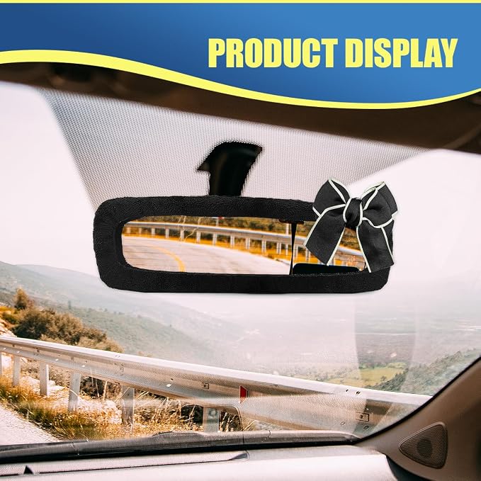 Bow Car Rearview Mirror Cover, Plush Auto Rear View Mirror Elastic Dustproof Protector, Universal Vehicle Interior Mirrors Edge Decoration Accessory for Cars, SUVs, Trucks (Black)