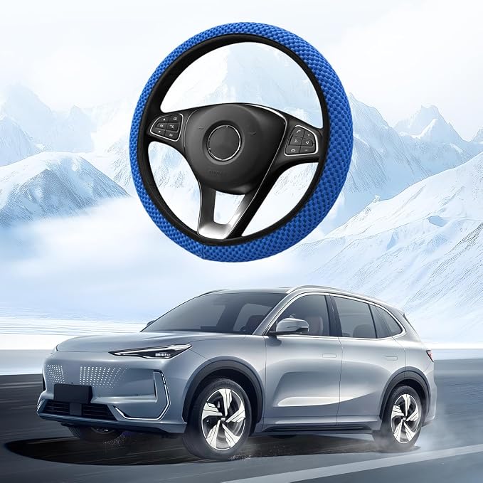 Car Elastic Stretch Steering Wheel Cover, 14.5-15" Breathable Ice Silk Anti-Slip Vehicle Steering Wheel Protector, Comfy Auto Interior Protection Accessories, Universal Fit (Blue)