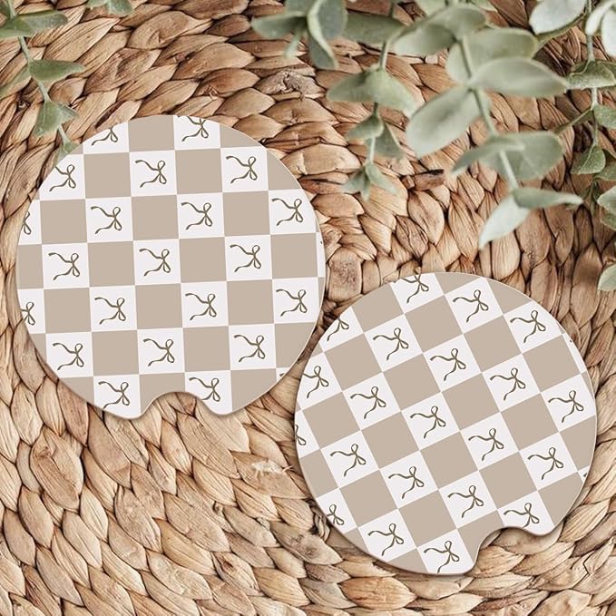 Ceramic Car Coasters – Absorbent Car Cup Holder Coaster Set for Women, Cute Aesthetic Car Accessories for Girls, 2 Pack (Beige)