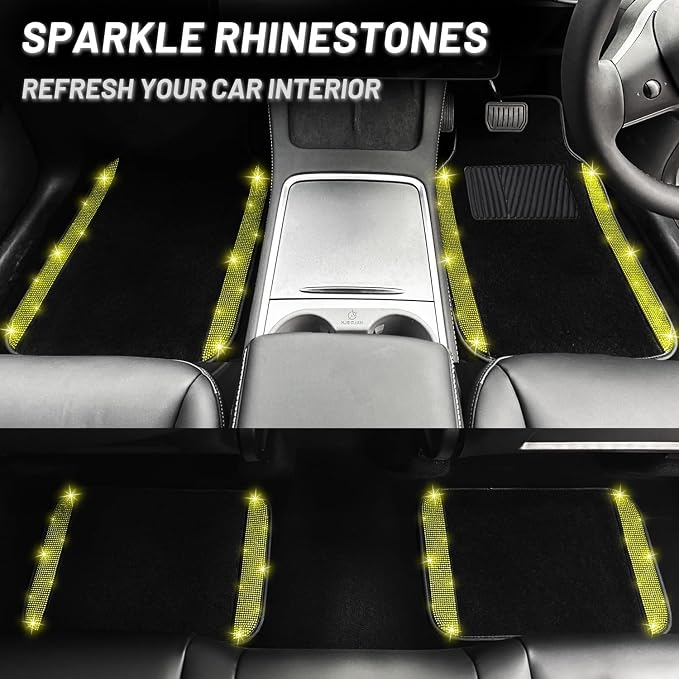 NBTEPEM Bling Car Floor Mats Full Set and Steering Wheel Cover, Universal Fit Most Cars, 4 pcs Sparkle Glitter Diamond Carpet, 5 pcs Bling Car Accessories Set for Women (Yellow Diamond)