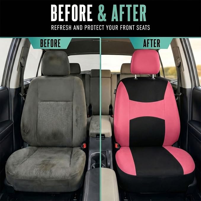 FH Group Full Set Cloth Car Seat Covers, Universal Fit combo, Low Back Front Seat Covers, Airbag Compatible, Split Bench Rear Seat, Washable Seat Cover for SUV, Sedan, Van, Pink