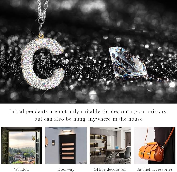 DXNQ Bling Initial Car Rear View Mirror Ornament, Crystal Sparkling Cute Letter Charm Pendant Auto Decor, Hanging Lucky Diamond Initial Charm Car Mirror Bag Ornament for Girl Women (Letter C)
