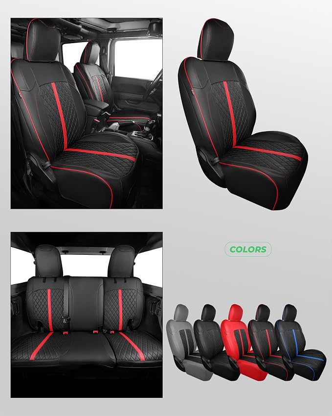 for Jeep Wrangler Seat Covers 4Door JK 2013 2014 2015 2016 2017, Custom Car Seat Cover Full Set, Luxury Leather Seat Protectors, Waterproof SUV Interior Cushions Accessories, Black Red Trim