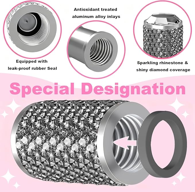 4Pcs Car Tire Valve Stem Caps, Bling Tire Air Cap for Car, Universal Stem Covers, Anodized Aluminum Tires Valve Cap with O Rubber Ring, Crystal Diamond Car Accessories for Women