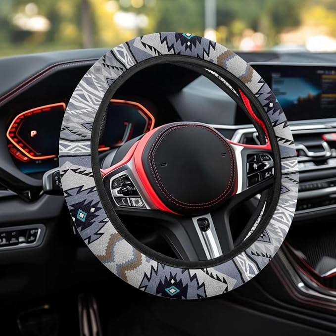 Wanyint Auto Steering Wheel Cover for Women Men, Universal 15 Inch Soft Elastic Steering Wheel Wrap Anti-Slip Easy to Install Car Accessories, Southwest Aztec Blue Gray