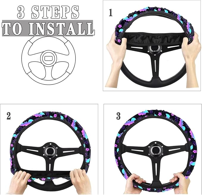 AFPANQZ Halloween Steering Wheel Cover for Cars Universal Fit 14 to 15 inch | Bat Flower Print, Universal Stretch-on Fabric, Keep Warm Steering Wheel Protector for Women