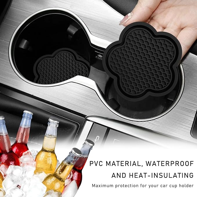 DXNQ 4 PCS Car Cup Coasters, Cute Flower Shaped Car Cup Holder Mat, PVC Waterproof Anti Slip Vehicle Cup Holder Insert Coaster, Universal Car Interior Decor Accessories (Black)