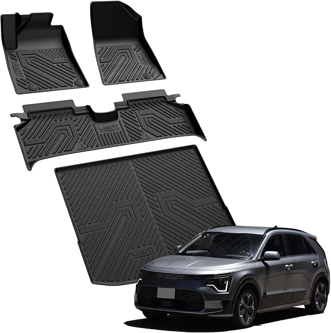 LASFIT Floor Mats & Cargo Mats for KIA NIRO EV 2026 2025 2024 2023 (Not for Hybrid/PHEV), All Weather TPE Custom Fit Floor Liners for Kia NIRO EV 2023-2026 Full Set Car Mats, Black
