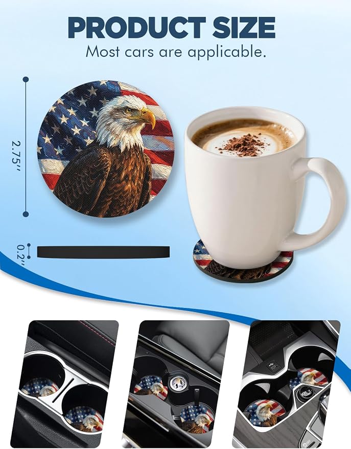WOCOCN Car Coasters for Cup Holders - 2 Pack 2.75" Universal Rubber Car Cup Coaster, Non-Slip Waterproof Car Interior Accessories, Cute Car Decor Gifts for Women and Men (Eagle)