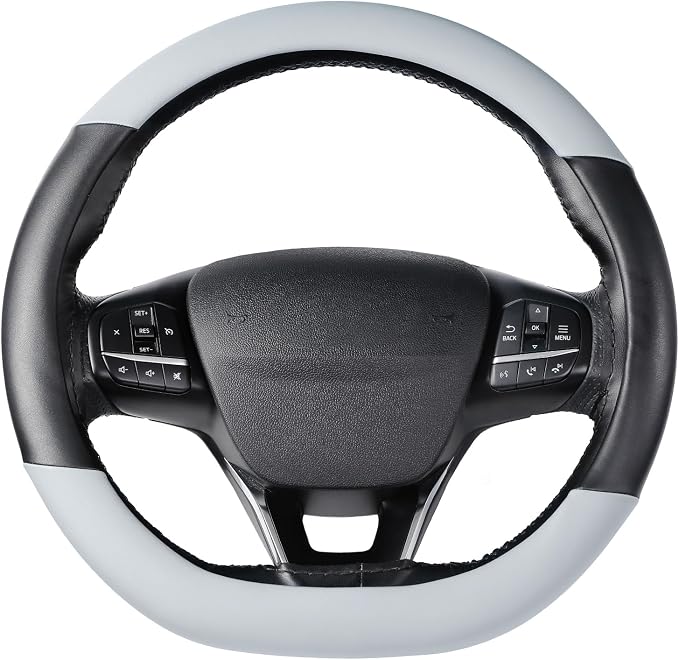 SEG Direct Flat Bottom Steering Wheel Cover, D Shaped Car Wheel Cover 14 1/2-15 in. (37-39 cm), Black Gray Microfiber Leather