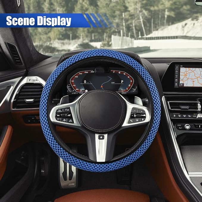 Elastic Stretch Steering Wheel Cover, for Men Women (Blue) | 15" Breathable Microfiber Ice Silk Steering Wheel Protector, Universal Anti-Slip Warm in Winter&Cool in Summer Car Accessory