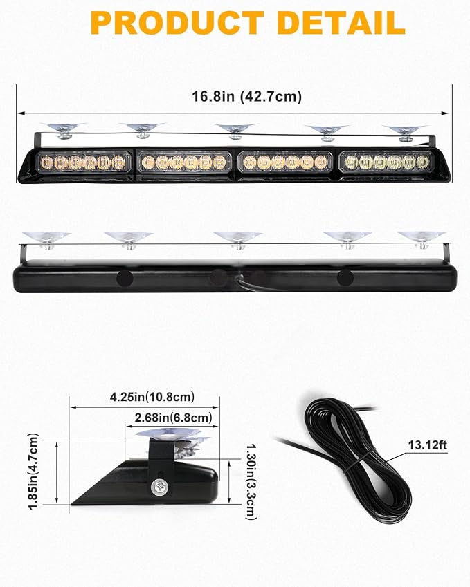 HLauto 6Z4J Emergency Dash Strobe Lights: 2x16.8 inch Amber White Safety Lights, 48 LED Flashing Warning Hazard Interior Windshield Visor Traffic Light Bars for Trucks, Construction Vehicles
