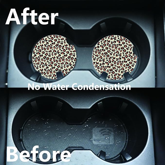 2pcs Leopard Print Car Coasters,Absorbent Universal neoprener Cup Holder Coasters with a Finger Notch,Car Accessories for Women&Man Interior,2.75" 4