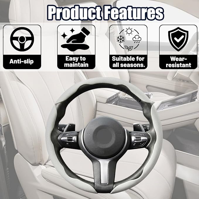 3PCS Car Steering Wheel Cover, 14.5-15" Breathable Nappa Leather Segmented Steering Wheel Protector with Non-Slip Grip, Stylish Auto Interior Decor Accessories, Universal for Vehicles (White)