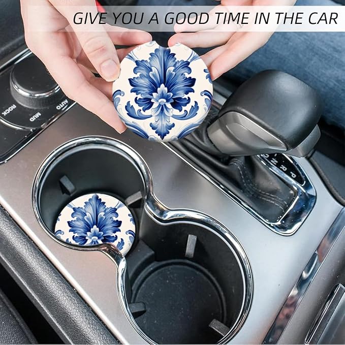 Cup Holder for Car,Blue and White Floral Elegant Print Ceramic Coasters Non-Slip Cup Holder Insert with Fingertip Grip, Auto Interior Accessories for Women & Men,Pack of 2, 2.56In