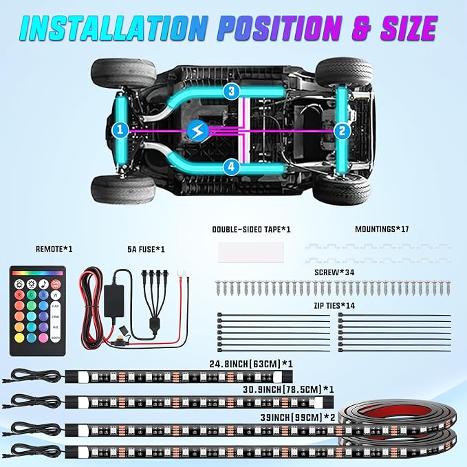 Nilight 4PCS Golf Cart Underbody Lights Kit RGB Multi-Mode LED Neon Accent Lighting Lamp APP Remote Control Sound Active Music Sync IP67 Waterproof 12V-66V for EZGO Yamaha Club Car