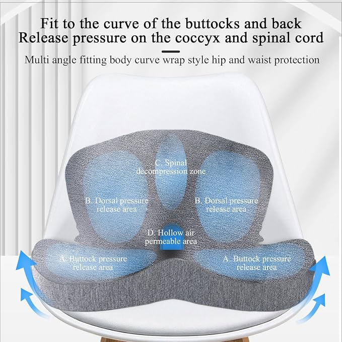 Car Seat Cushion, Memory Foam Driving Cushion with Adjustable Strap, Ergonomic Pad for Car & Semi Truck, Office Chair Cushion for Sciatica & Lower Back Pain Relief, Light Gray