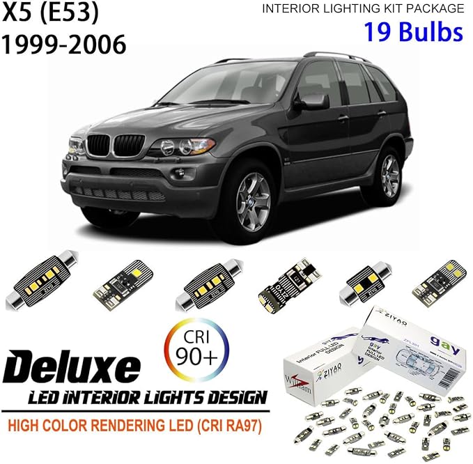 ZIYO LED Interior Light Kit Replacement for BMW X5 1999-2013, 6000K Xenon White Dome Light Bulbs Upgrade Error Free (BMW E53 1999-2006 (19 Bulbs))