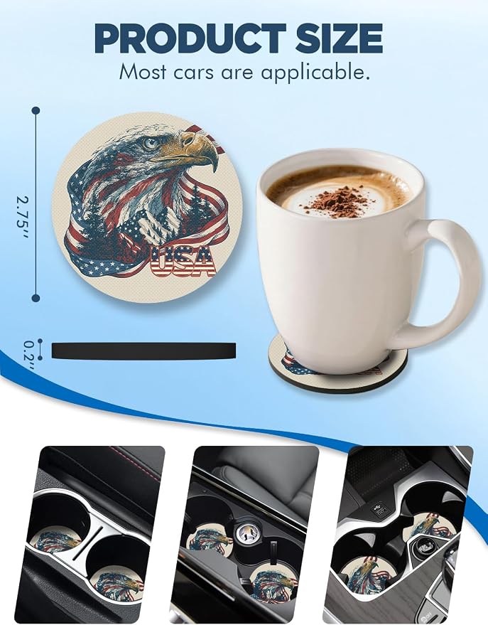 WOCOCN Car Coasters for Cup Holders - 2 Pack 2.75" Universal Rubber Car Cup Coaster, Non-Slip Waterproof Car Interior Accessories, Cute Car Decor Gifts for Women and Men (USA Eagle)