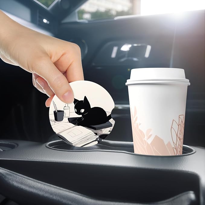 Aiawoxc Car Cup Holder Coasters, 2 Pack Universal Auto Anti Slip Insert Coaster with A Finger Notch, Cup Mat for Most Car Interior, Cute Reading Cat