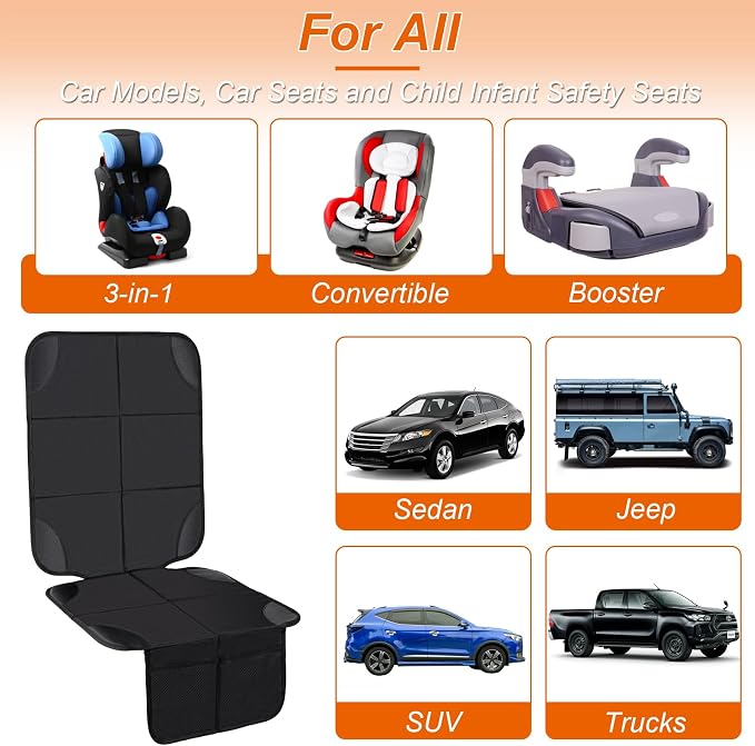 2Pack Car Seat Protector,Slip Backing,Waterproof 600D Fabric Car Seat Cover | Child Car Seat Protector with 2 Mesh Storage Pockets,Thickest Padding for Baby、Pet and All Types of Cars—Universal Size