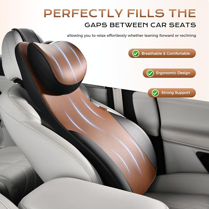 Coverado Neck and Lumbar Support for Car, Ergonomic Memory Foam& Breathable Leather Car Back Support, Adjustable-Height Velcro Design Car Neck Pillow, Car Cushion Neck Back Pain Relief, Black&Brown