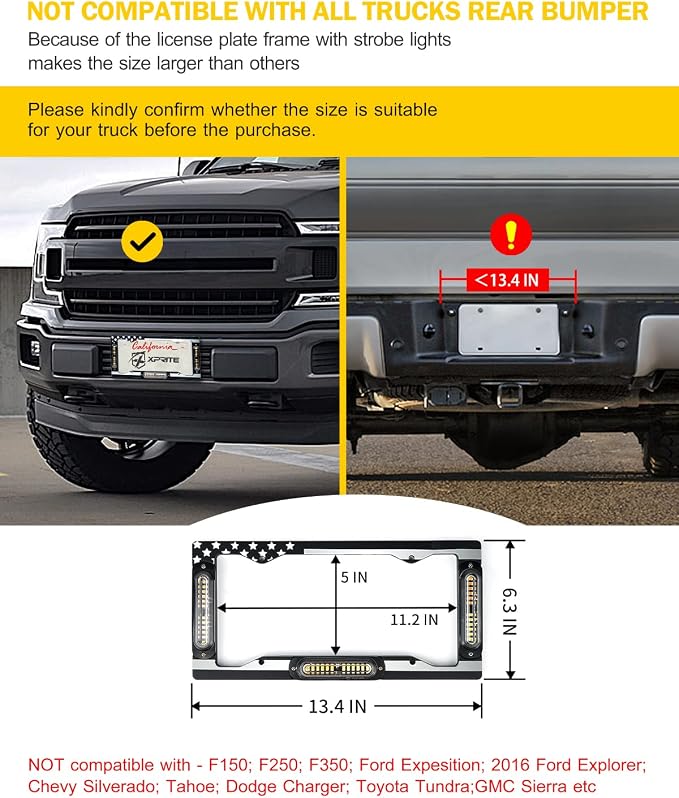Xprite 36 LED License Plate Strobe Light, US Flag Front/Rear Utility Lights, 22 Modes Caution Frame for Construction Towing Snow Plow Pickup Work Trucks Cars - Multi Color (w/Pre-Installed 9FT Cable)