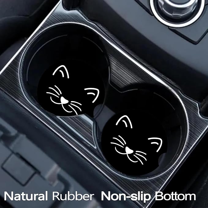 2 Pack Cat Car Cup Holder Coasters Universal Neoprene Coasters | 2.75" Universal Size Anti Slip Rubber Mat, Auto Cup Holder Accessories for SUV Truck, Cat Mom Gifts for Women Men