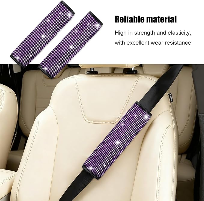 8PCS Bling Car Accessories Set, Sparkly Rhinestone Vehicle Steering Wheel Seat Belt Gear Shift Start Stop Button Cover, Diamond Auto Cup Holder Coaster Decoration, Universal Fit (Purple)