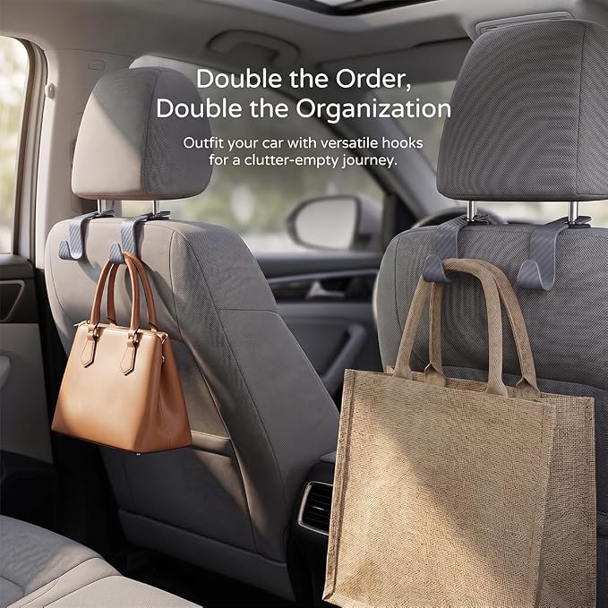 4PCS Car Seat Headrest Hooks, Auto Back Seat Hanger Holder, Durable Stylish Vehicle Organizer Universal Car Interior Accessories, Storage Hooks for Purses, Bags, Clothes (Carbon Fiber/Grey)